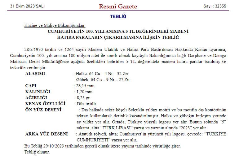 Madeni 5 TL tedavüle girdi: Resmi Gazete'de yayımlandı