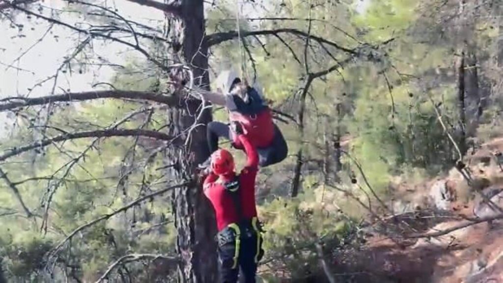 Fethiye’de yabancı uyruklu paraşütçü ağaçta asılı kaldı