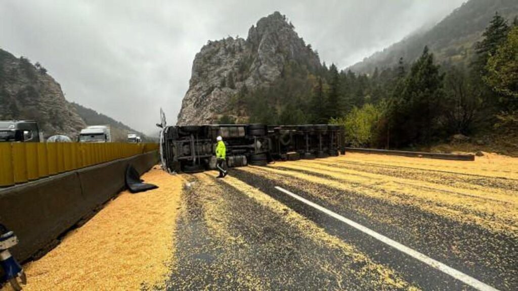 Adana’da tahıl yüklü tır devrildi, yol kapandı