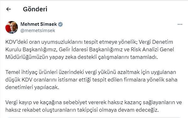 Bakan Şimşek: Düşük KDV oranlarını istismar edenler tespit edilecek