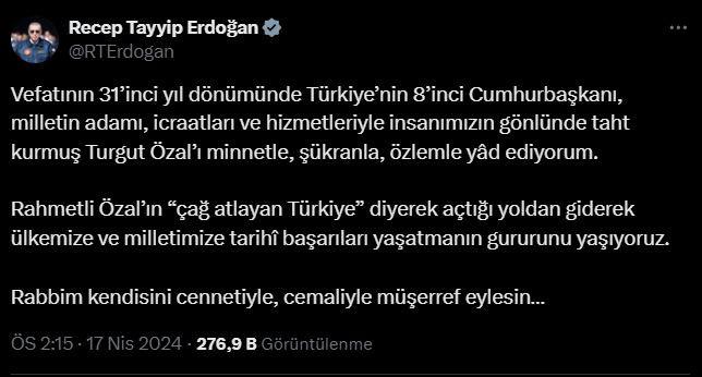 Cumhurbaşkanı Erdoğan Turgut Özal'ı andı